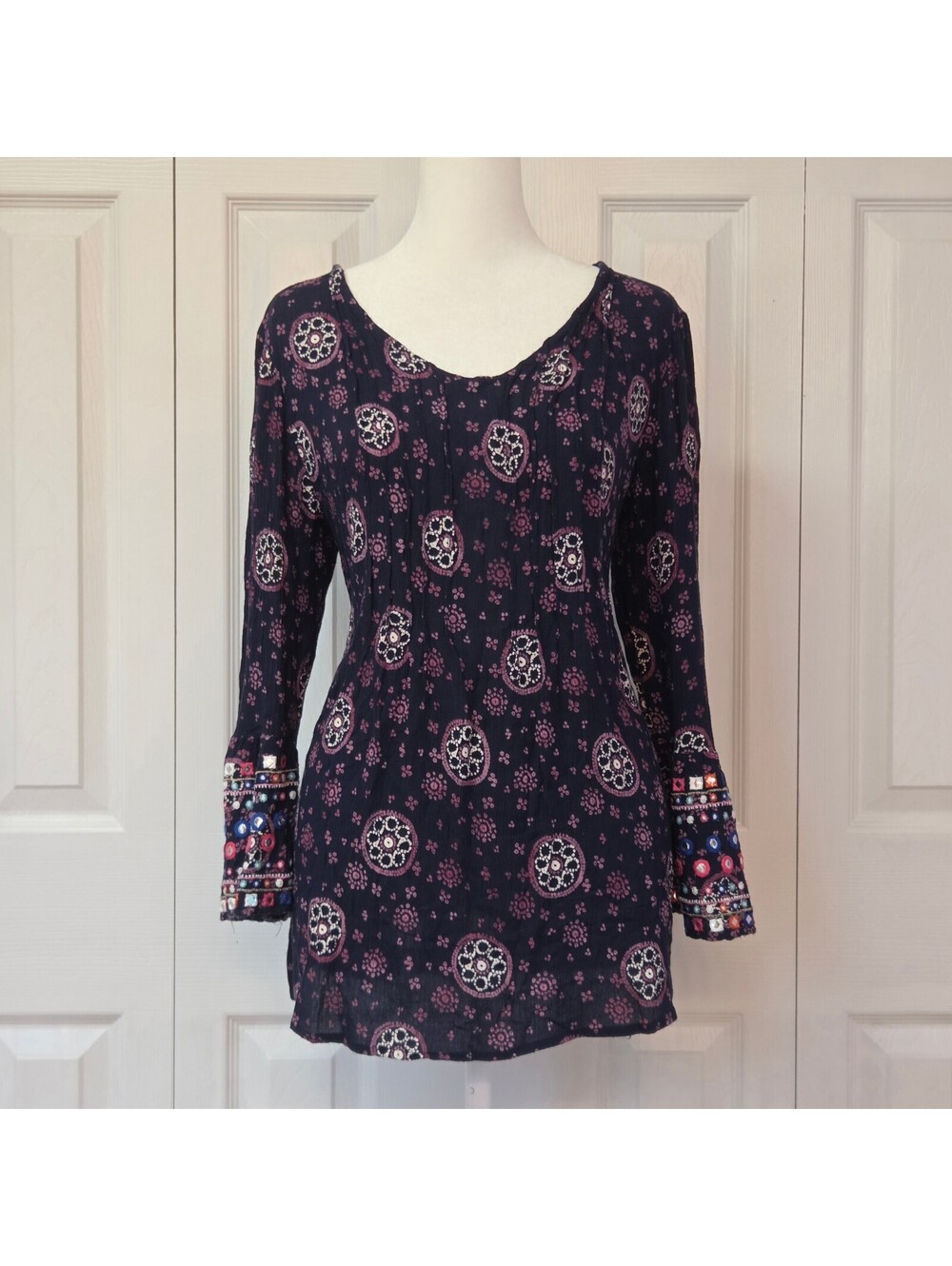 Navy & Pink Mandala Floral Print Fairy Top Size XS Y2K Boho Tunic Blouse